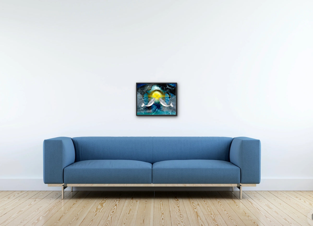 Narwhals Transforming the World - medium 12 x 16 framed art print shown hanging on a wall