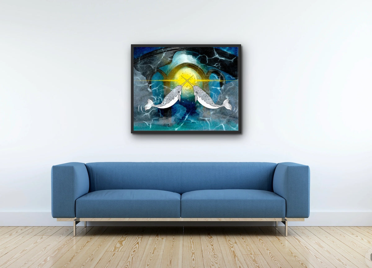 Narwhals Transforming the World - large 24 x 36 framed art print shown hanging on a wall