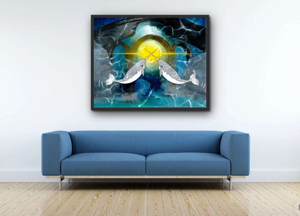 Narwhals Transforming the World - extra large 36 x 48 framed art print shown hanging on a wall