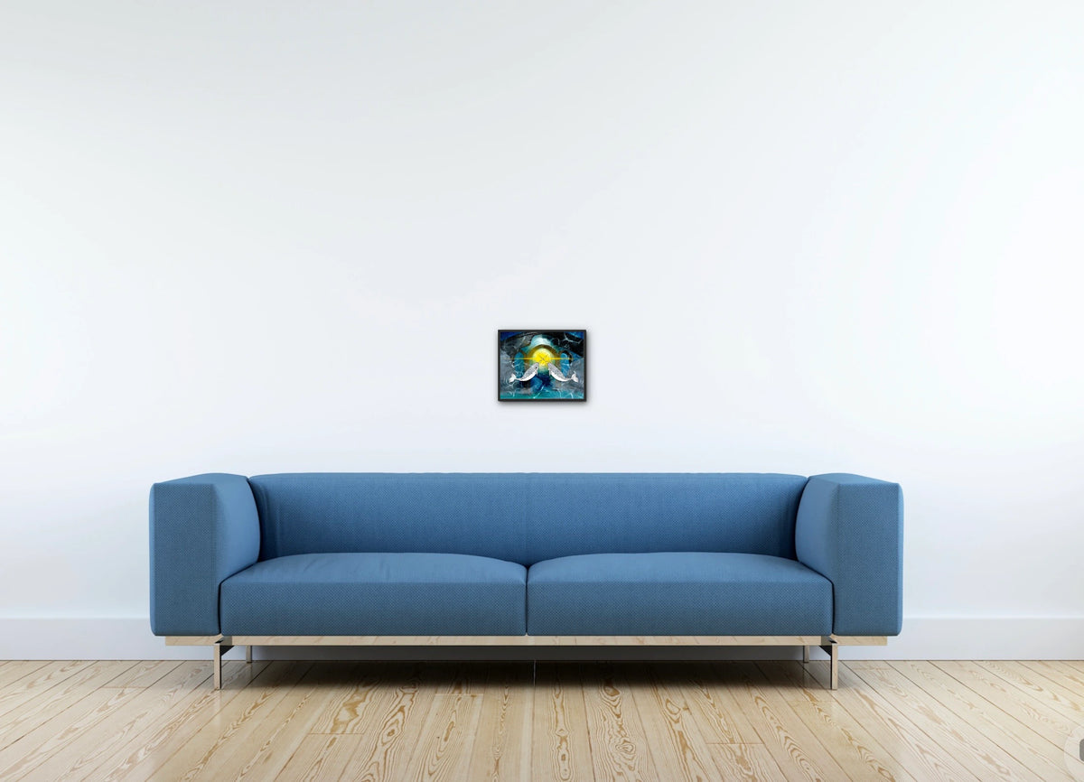 Narwhals Transforming the World - small 8 x 10 framed art print shown hanging on a wall