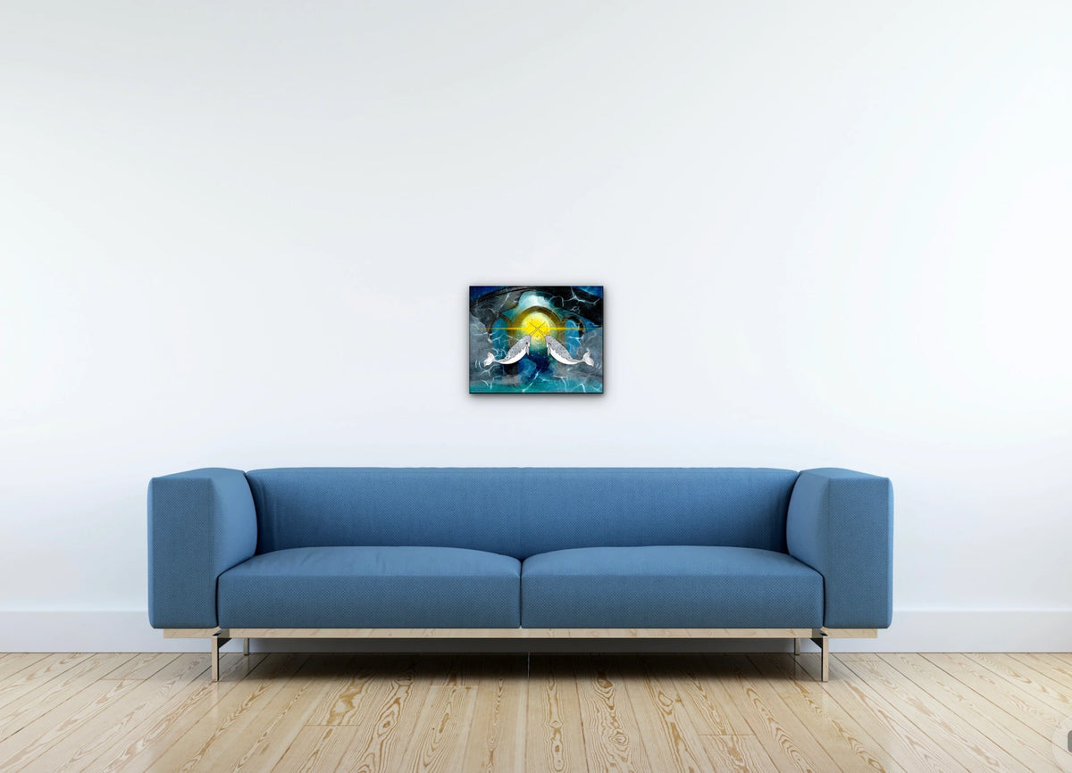Narwhals Transforming the World - medium 12 x 16 unframed art print shown hanging on a wall