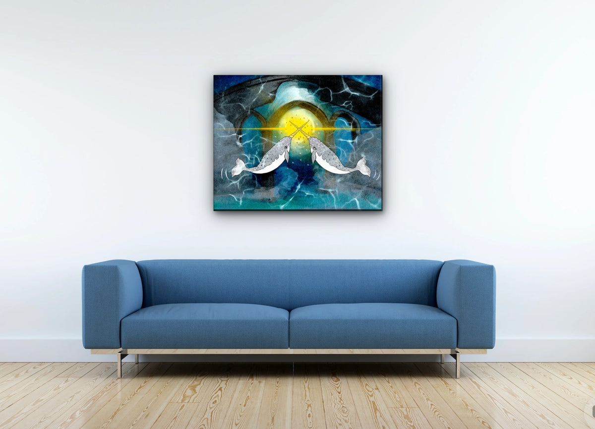 Narwhals Transforming the World - large 24 x 36 unframed art print shown hanging on a wall