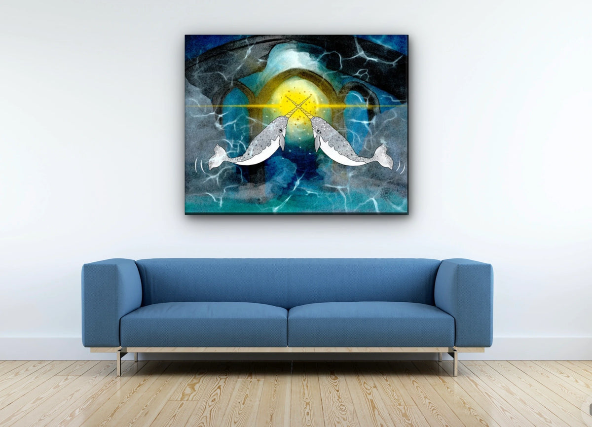 Narwhals Transforming the World - extra large 36 x 48 unframed art print shown hanging on a wall