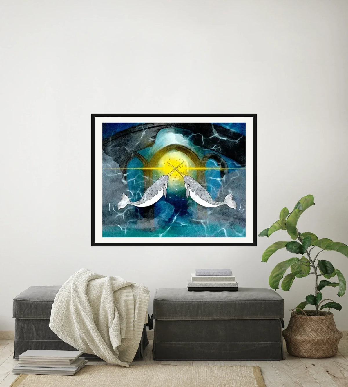 Narwhals Transforming the World - large 24 x 36 matted and framed art print shown hanging on a wall
