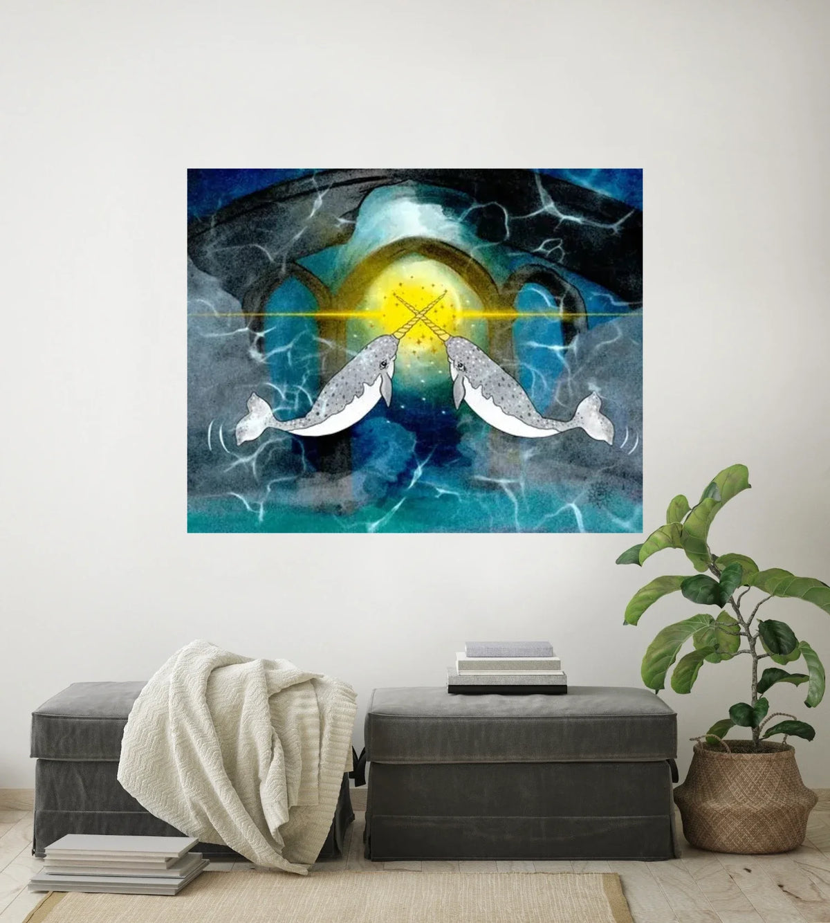 Narwhals Transforming the World - extra large 36 x 48 unframed art print shown hanging on a wall