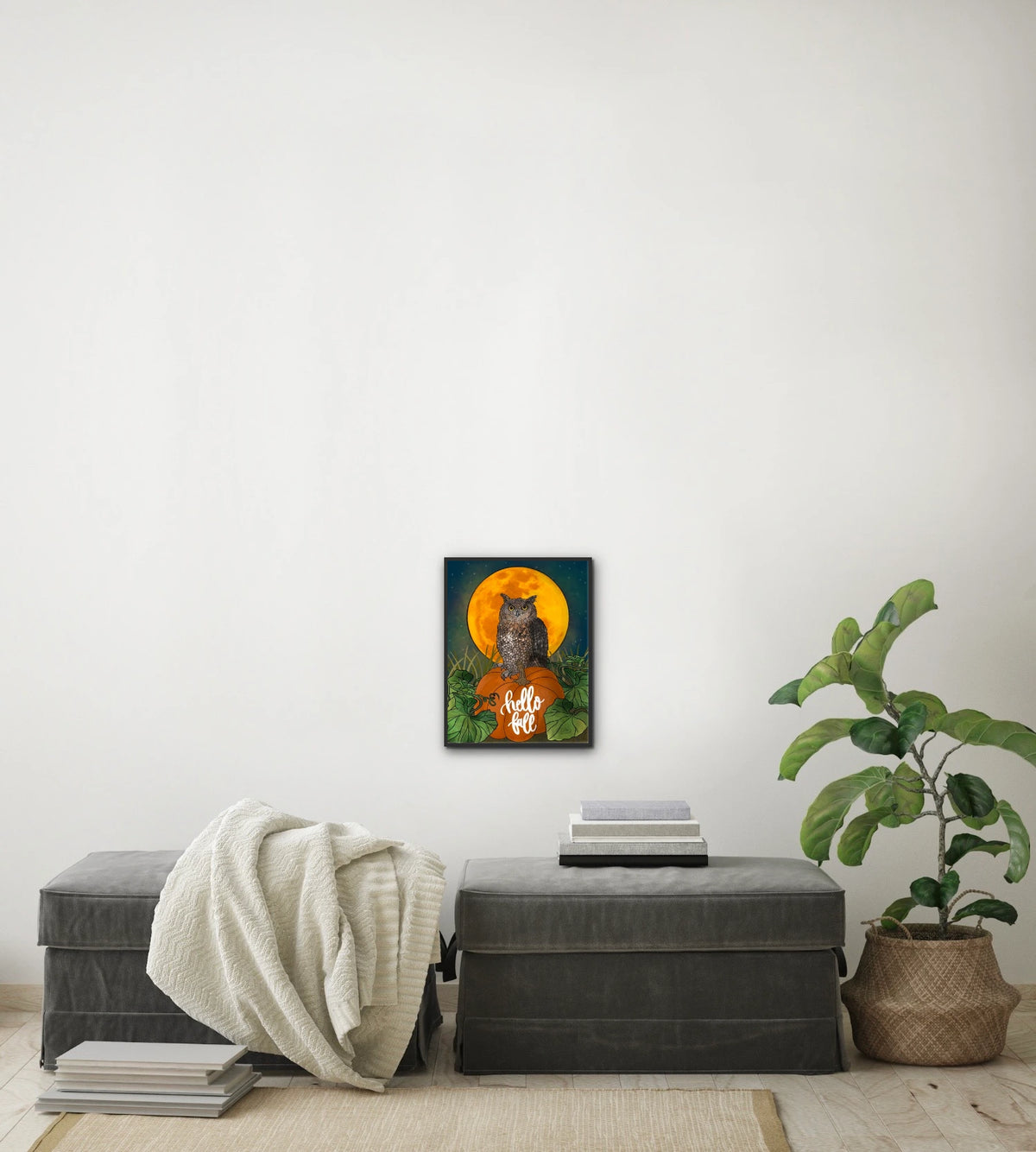 Otto the Owl - medium 12 x 16 framed art print shown hanging on a wall