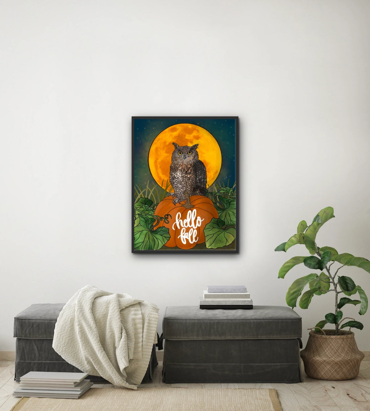 Otto the Owl - large 24 x 36 framed art print shown hanging on a wall