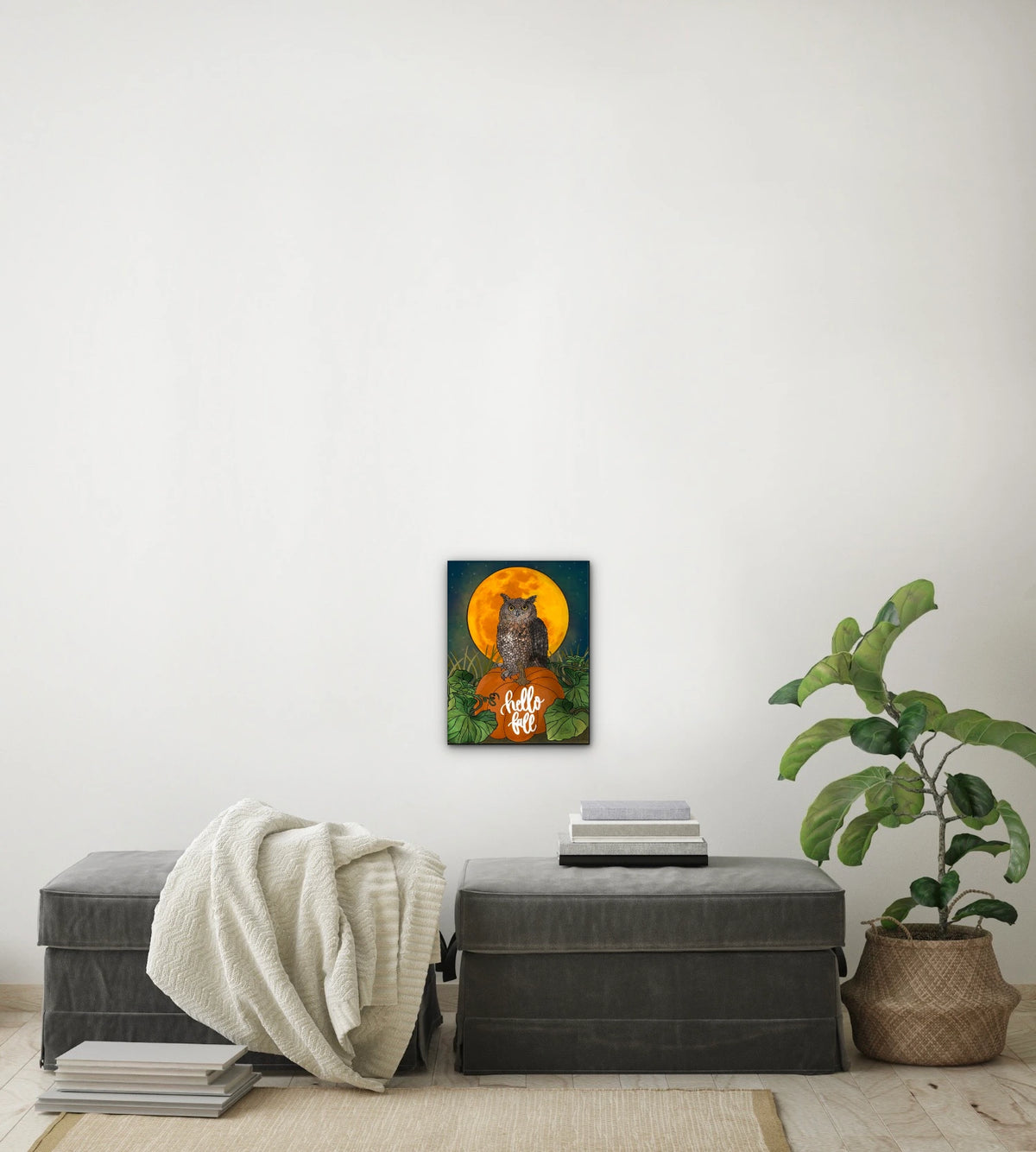 Otto the Owl - medium 12 x 16 unframed art print shown hanging on a wall
