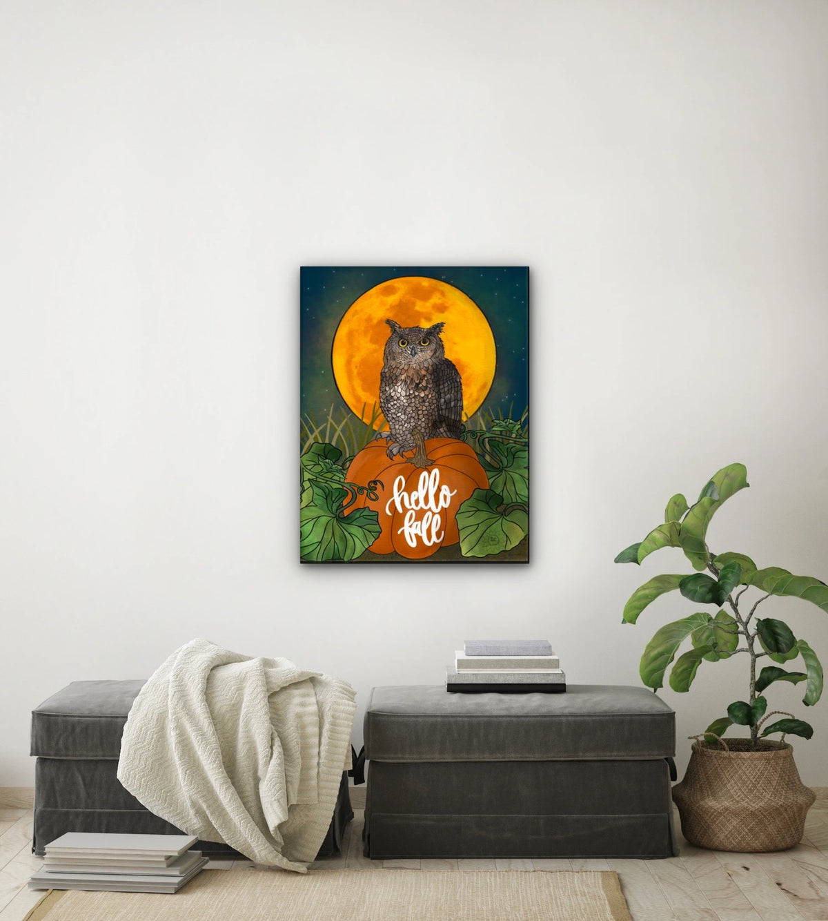 Otto the Owl - large 24 x 36 unframed art print shown hanging on a wall