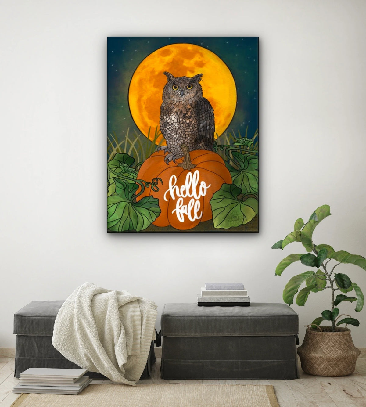 Otto the Owl - extra large 36 x 48 unframed art print shown hanging on a wall