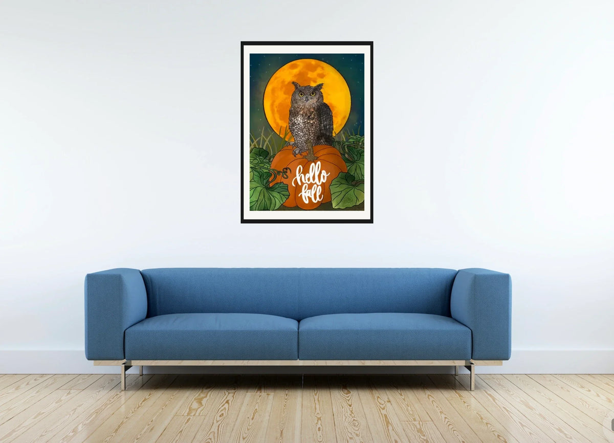 Otto the Owl - large 24 x 36 matted and framed art print shown hanging on a wall