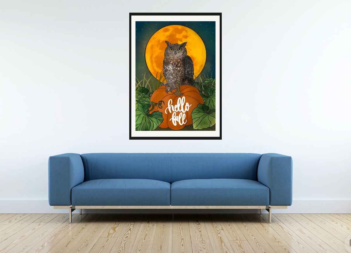 Otto the Owl - extra large 36 x 48 matted and framed art print shown hanging on a wall