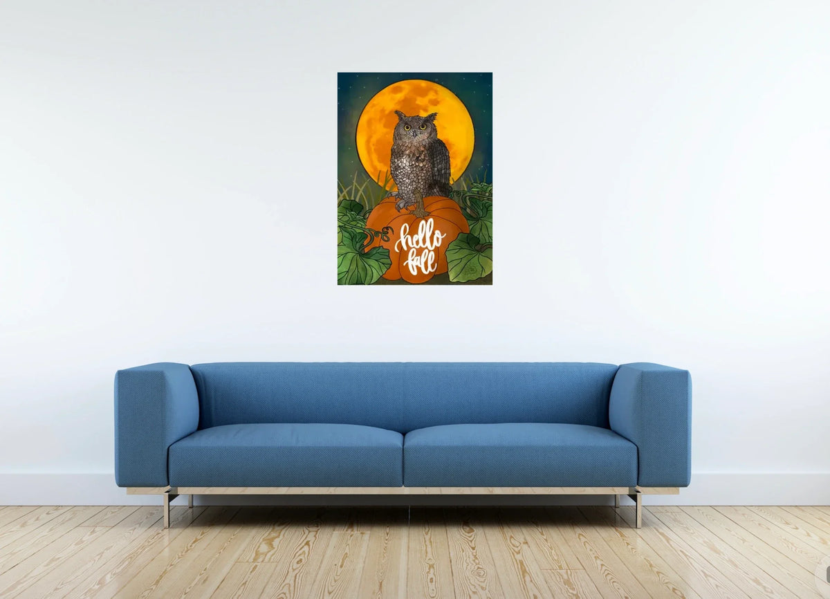Otto the Owl - large 24 x 36 unframed art print shown hanging on a wall