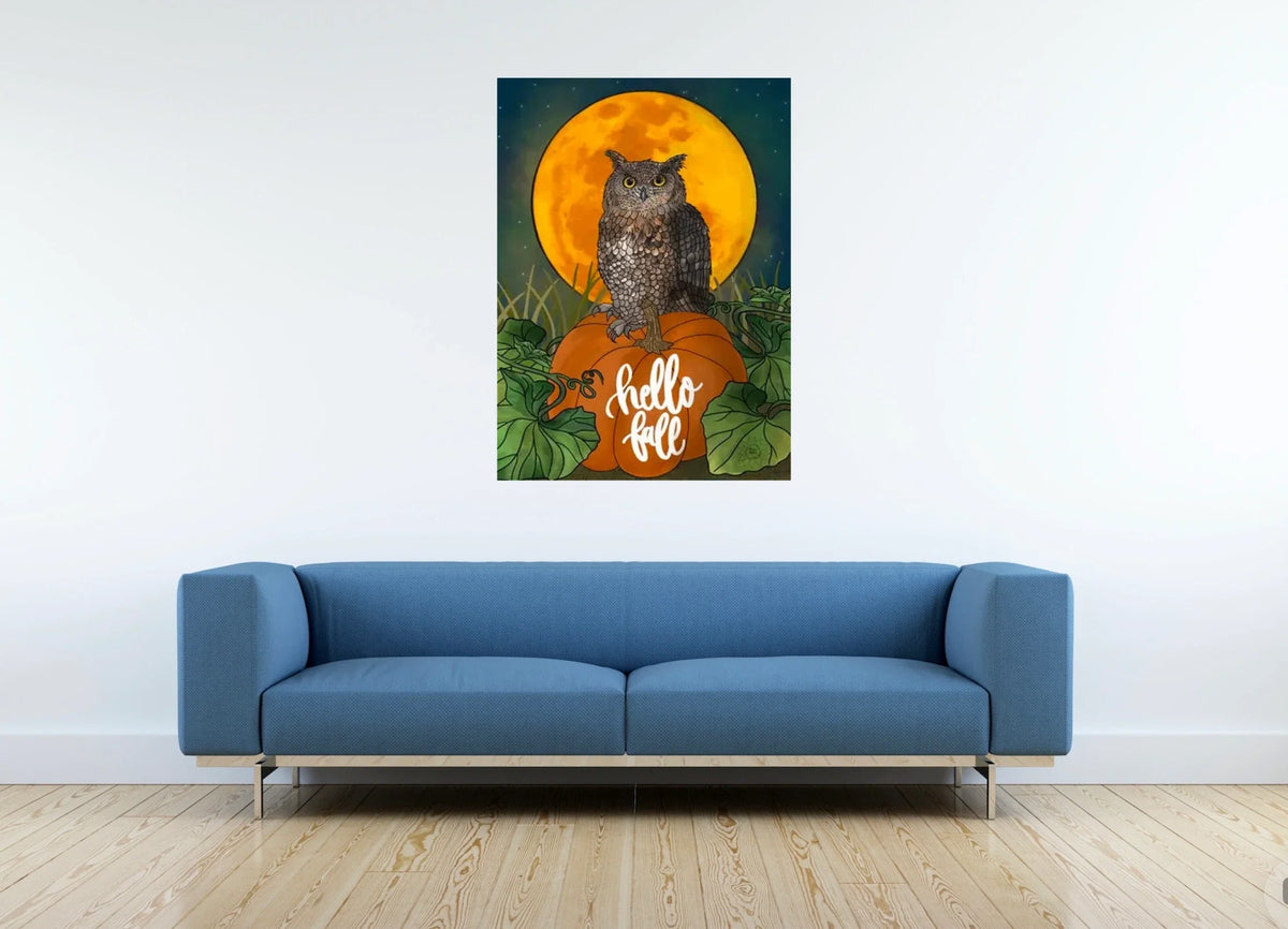 Otto the Owl - extra large 36 x 48 unframed art print shown hanging on a wall