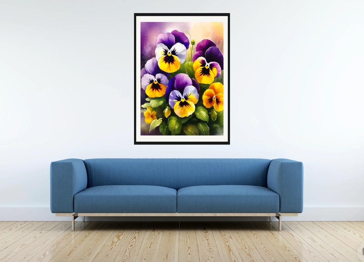 Pansies - extra large 36 x 48 matted and framed art print shown hanging on a wall