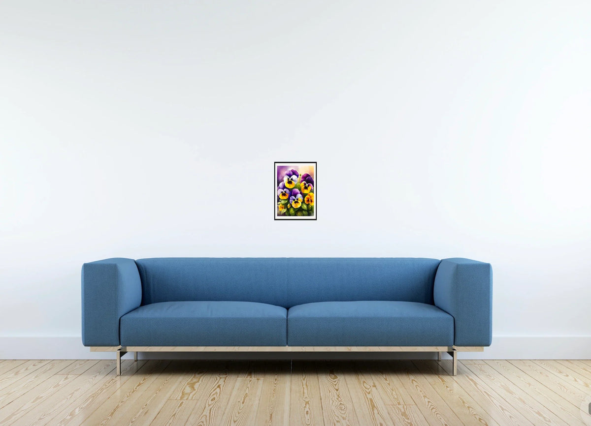 Pansies - small 8 x 10 matted and framed art print shown hanging on a wall