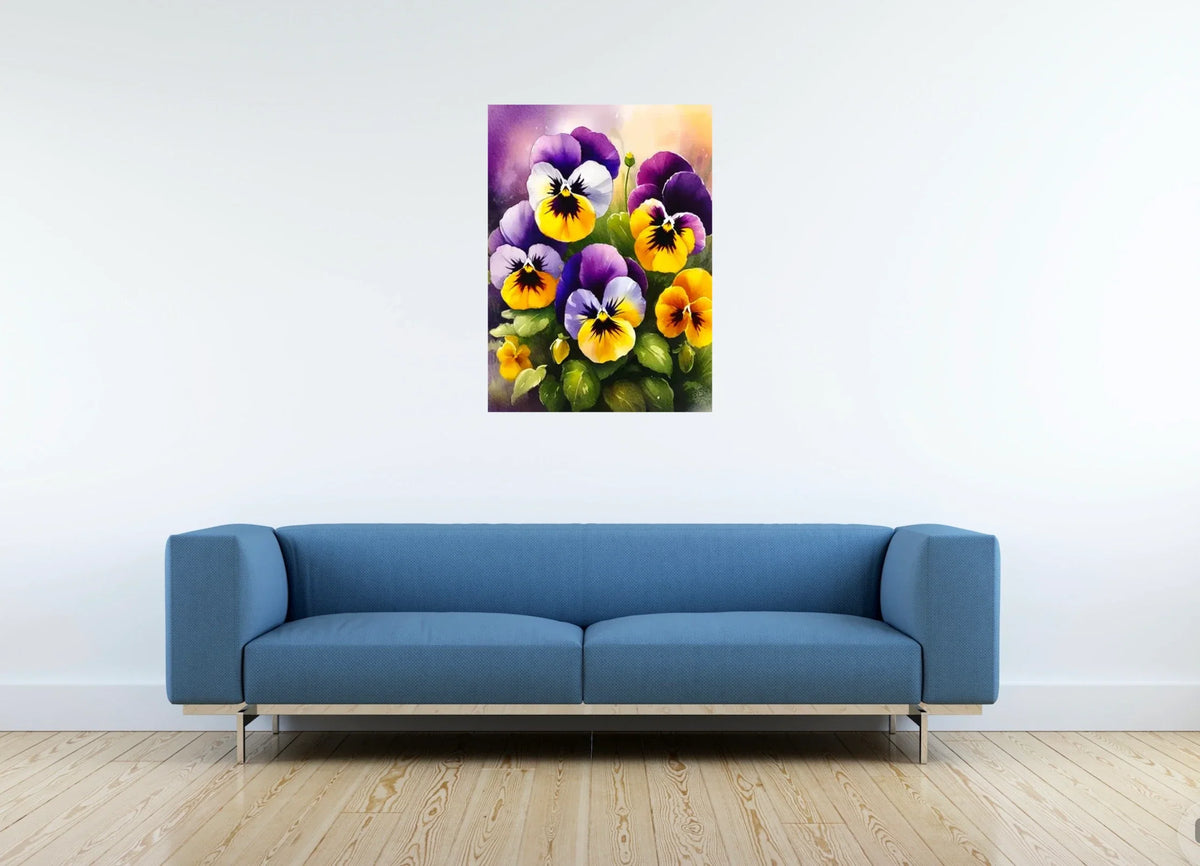 Pansies - large 24 x 36 unframed art print shown hanging on a wall