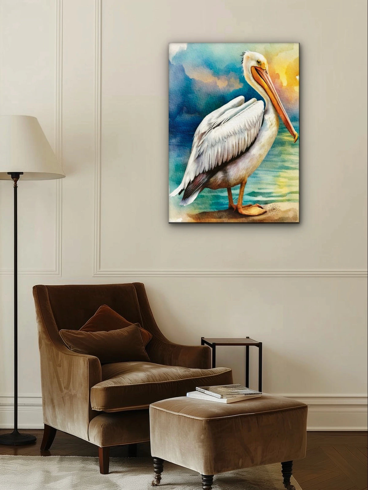 Pearl the White Pelican - extra large 36 x 48 unframed art print shown hanging on a wall