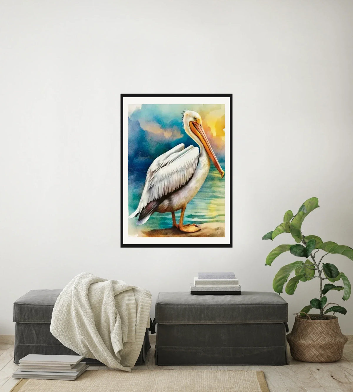 Pearl the White Pelican - large 24 x 36 matted and framed art print shown hanging on a wall