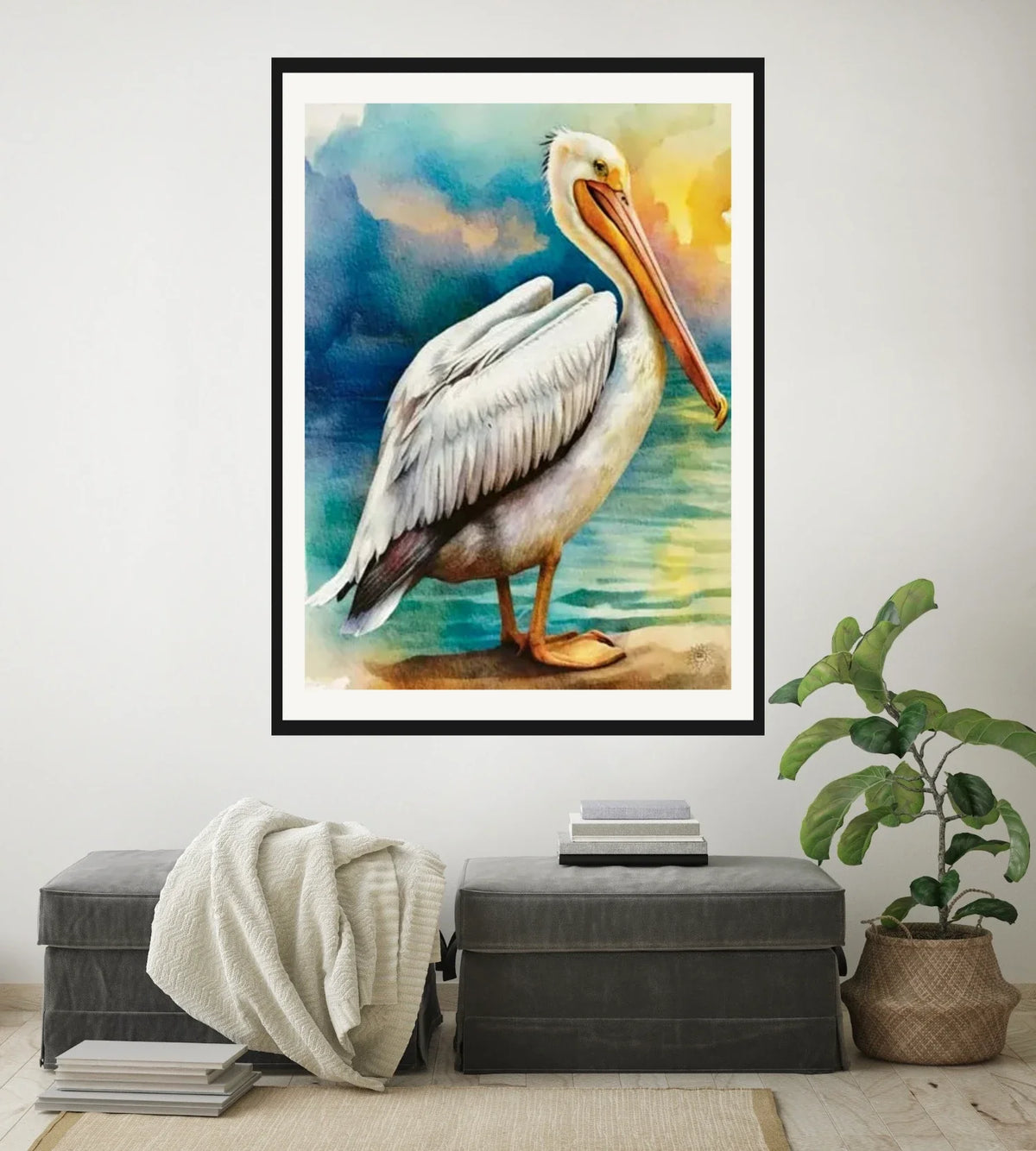 Pearl the White Pelican - extra large 36 x 48 matted and framed art print shown hanging on a wall