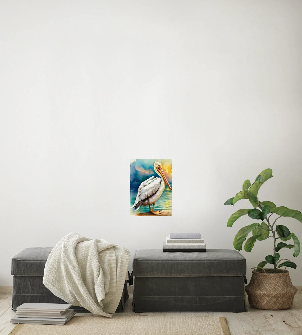 Pearl the White Pelican - medium 12 x 16 unframed art print shown hanging on a wall