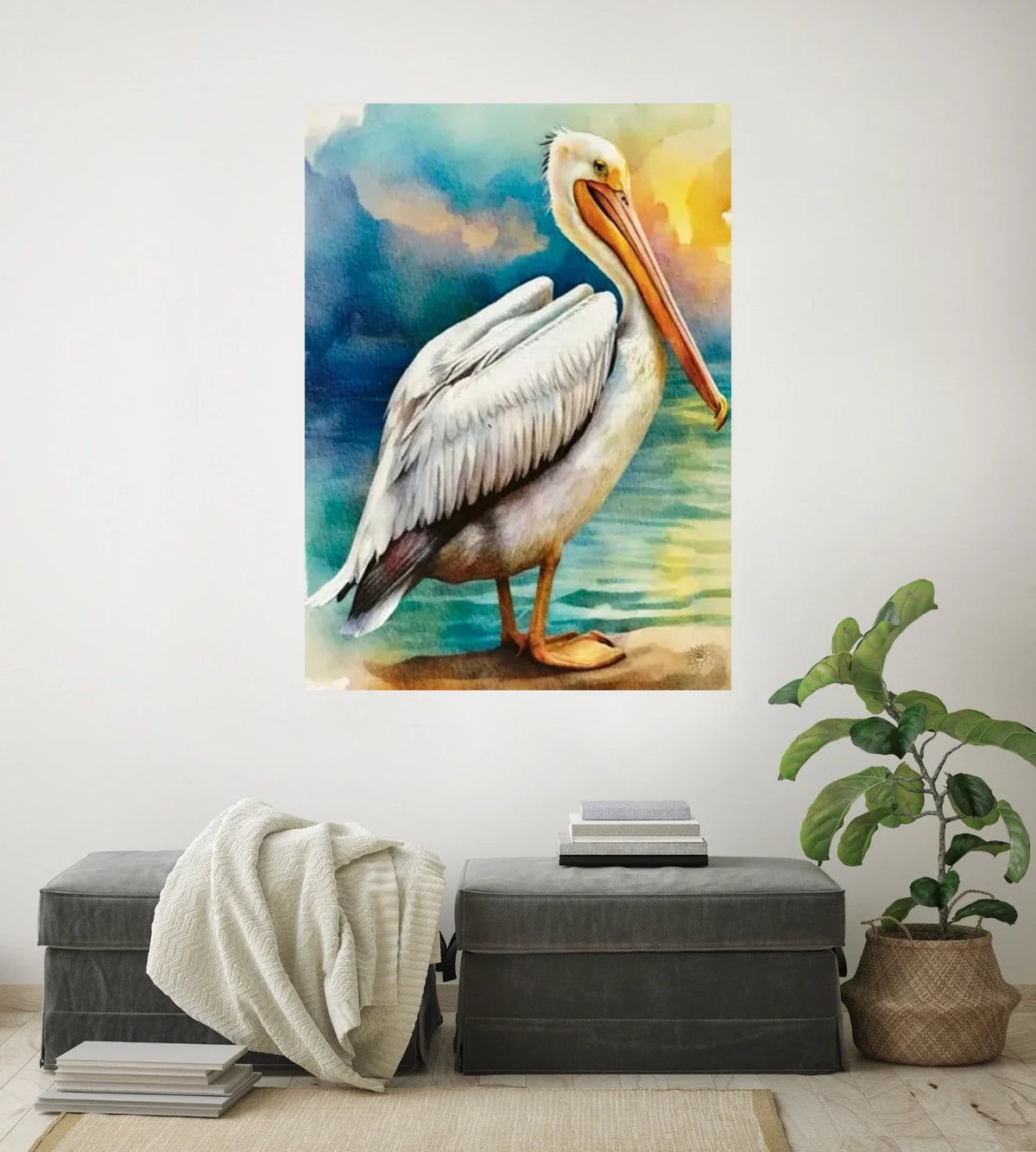 Pearl the White Pelican - extra large 36 x 48 unframed art print shown hanging on a wall