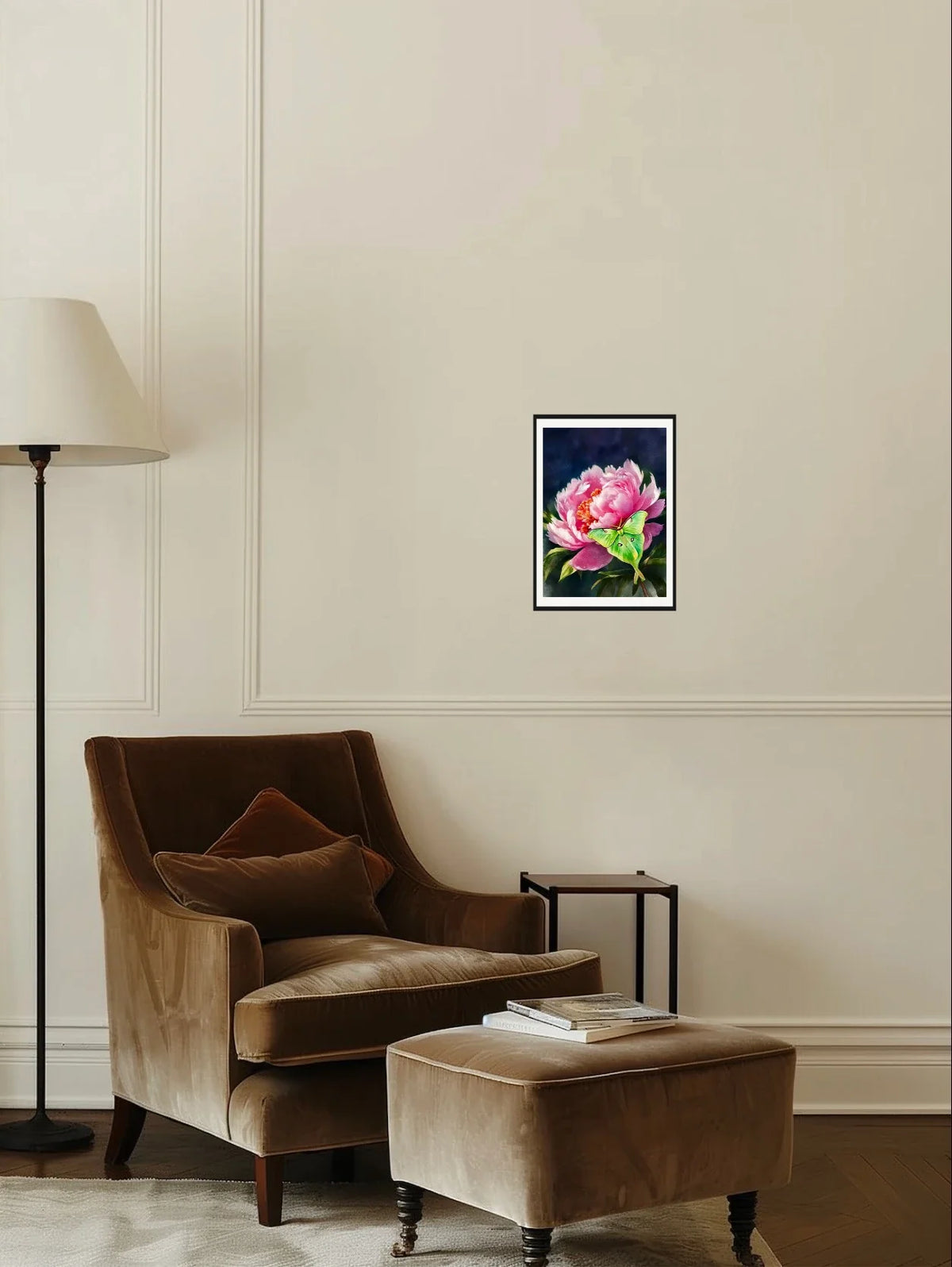 Peony with Luna Moth - medium 12 x 16 matted and framed art print shown hanging on a wall
