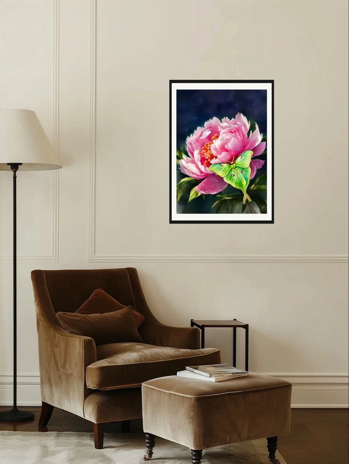 Peony with Luna Moth - large 24 x 36 matted and framed art print shown hanging on a wall