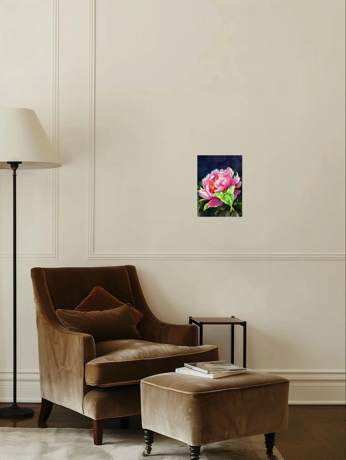 Peony with Luna Moth - medium 12 x 16 unframed art print shown hanging on a wall