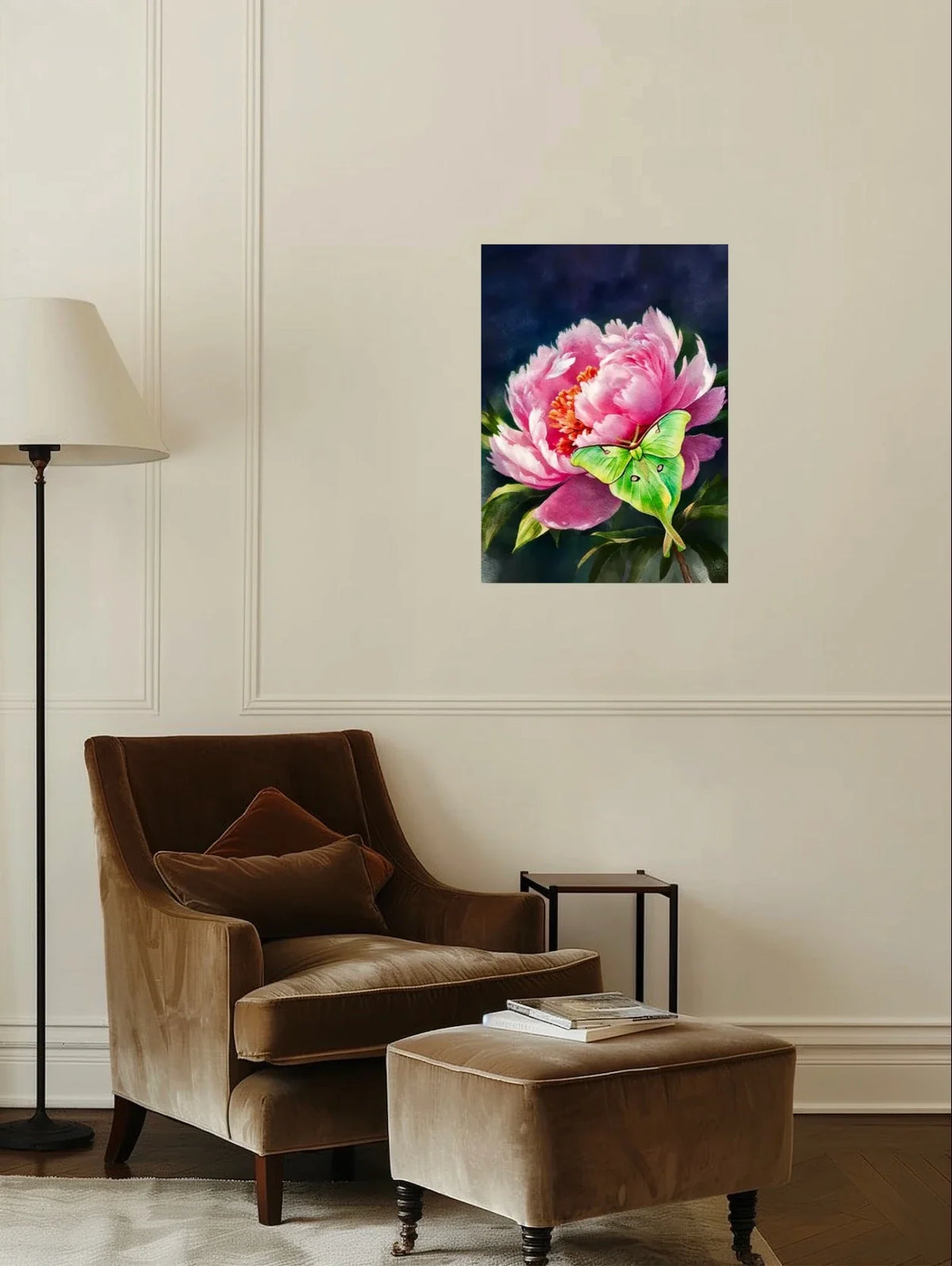 Peony with Luna Moth - large 24 x 36 unframed art print shown hanging on a wall