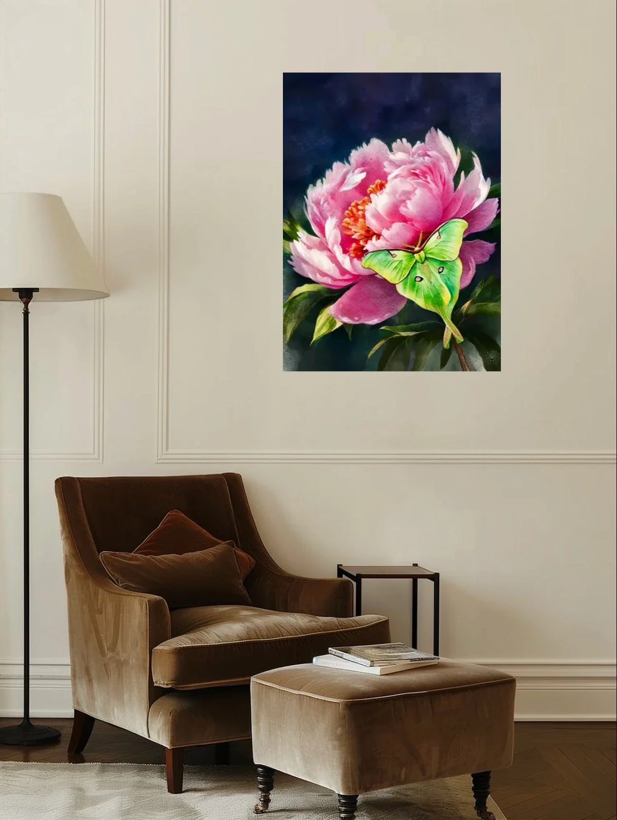 Peony with Luna Moth - extra large 36 x 48 unframed art print shown hanging on a wall