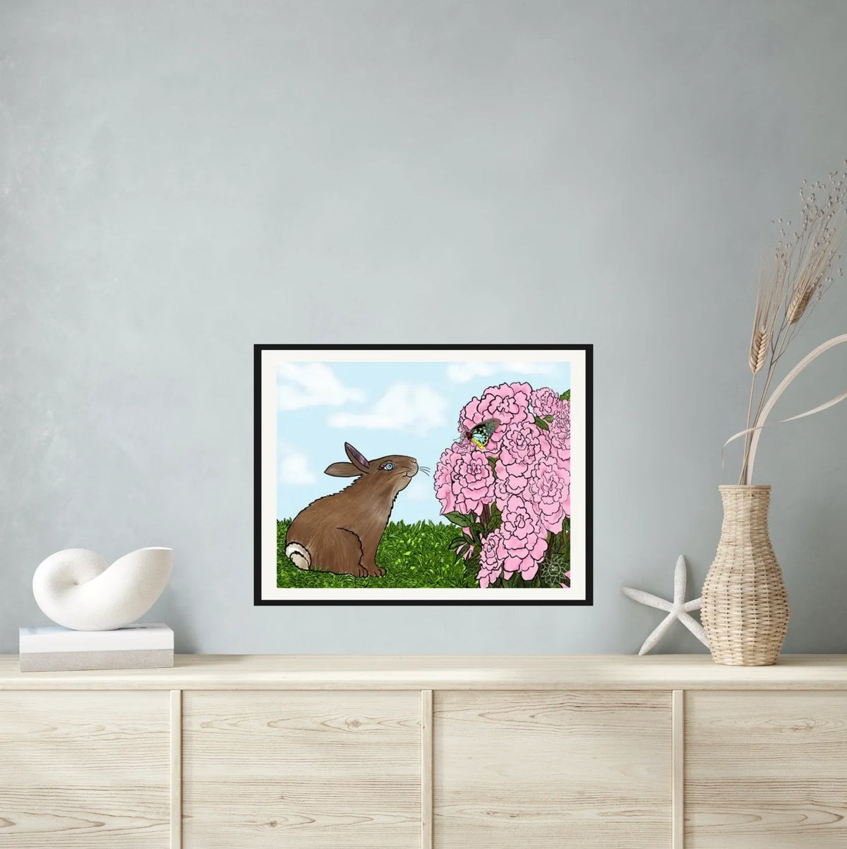 Peyton Rabbit - large 24 x 36 matted and framed art print shown hanging on a wall