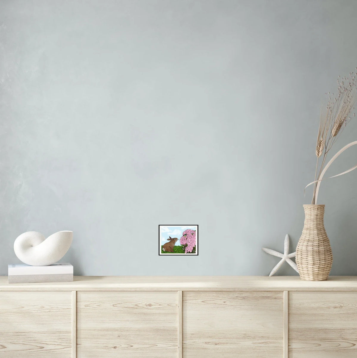 Peyton Rabbit - small 8 x 10 matted and framed art print shown hanging on a wall