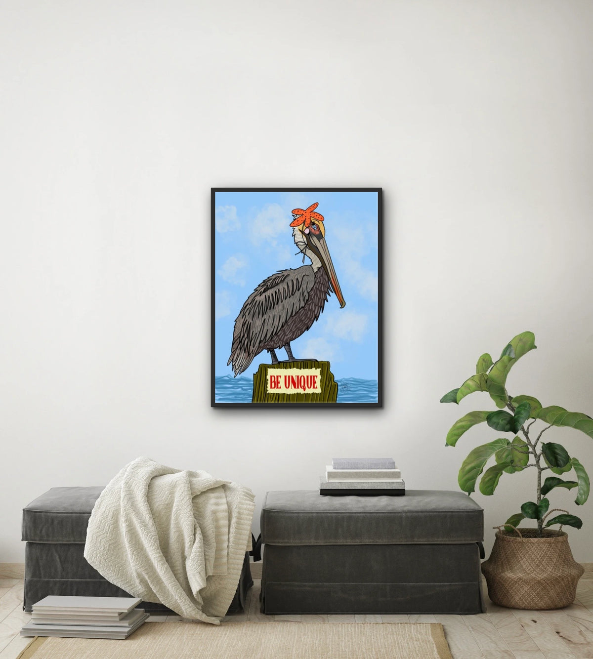 Phyllis the Pelican - large 24 x 36 framed art print shown hanging on a wall