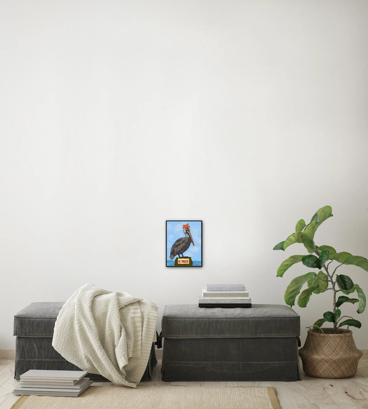 Phyllis the Pelican - small 8 x 10 framed art print shown hanging on a wall