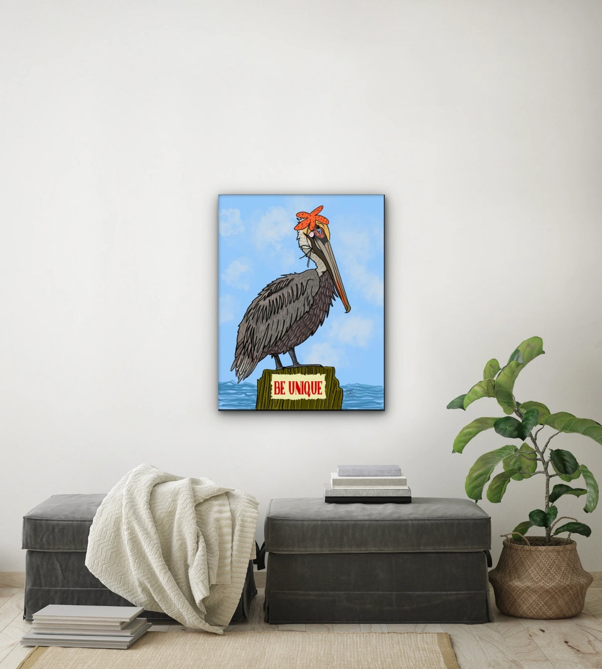 Phyllis the Pelican - large 24 x 36 unframed art print shown hanging on a wall