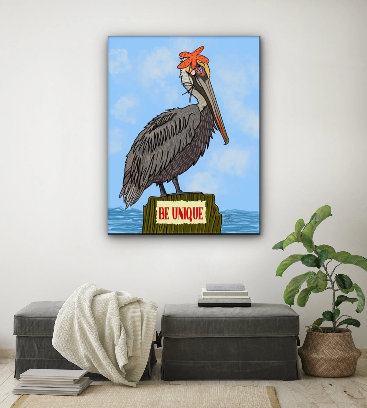 Phyllis the Pelican - extra large 36 x 48 unframed art print shown hanging on a wall