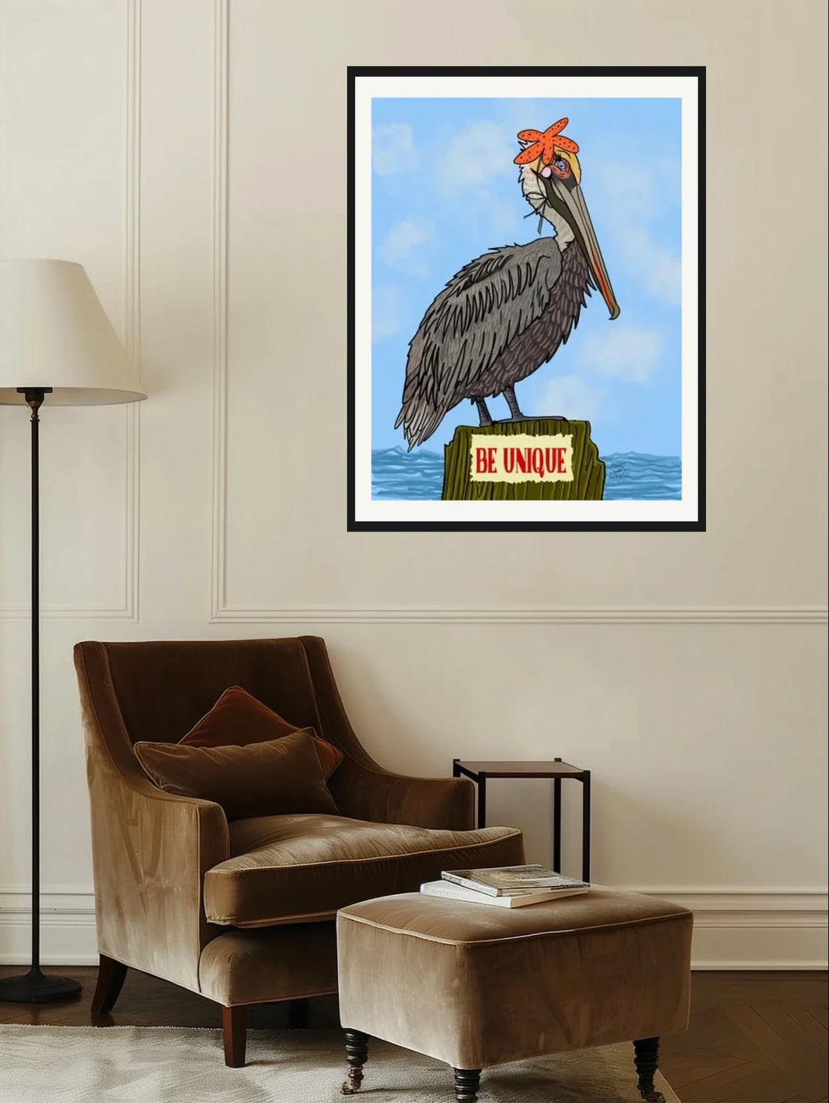 Phyllis the Pelican - extra large 36 x 48 matted and framed art print shown hanging on a wall