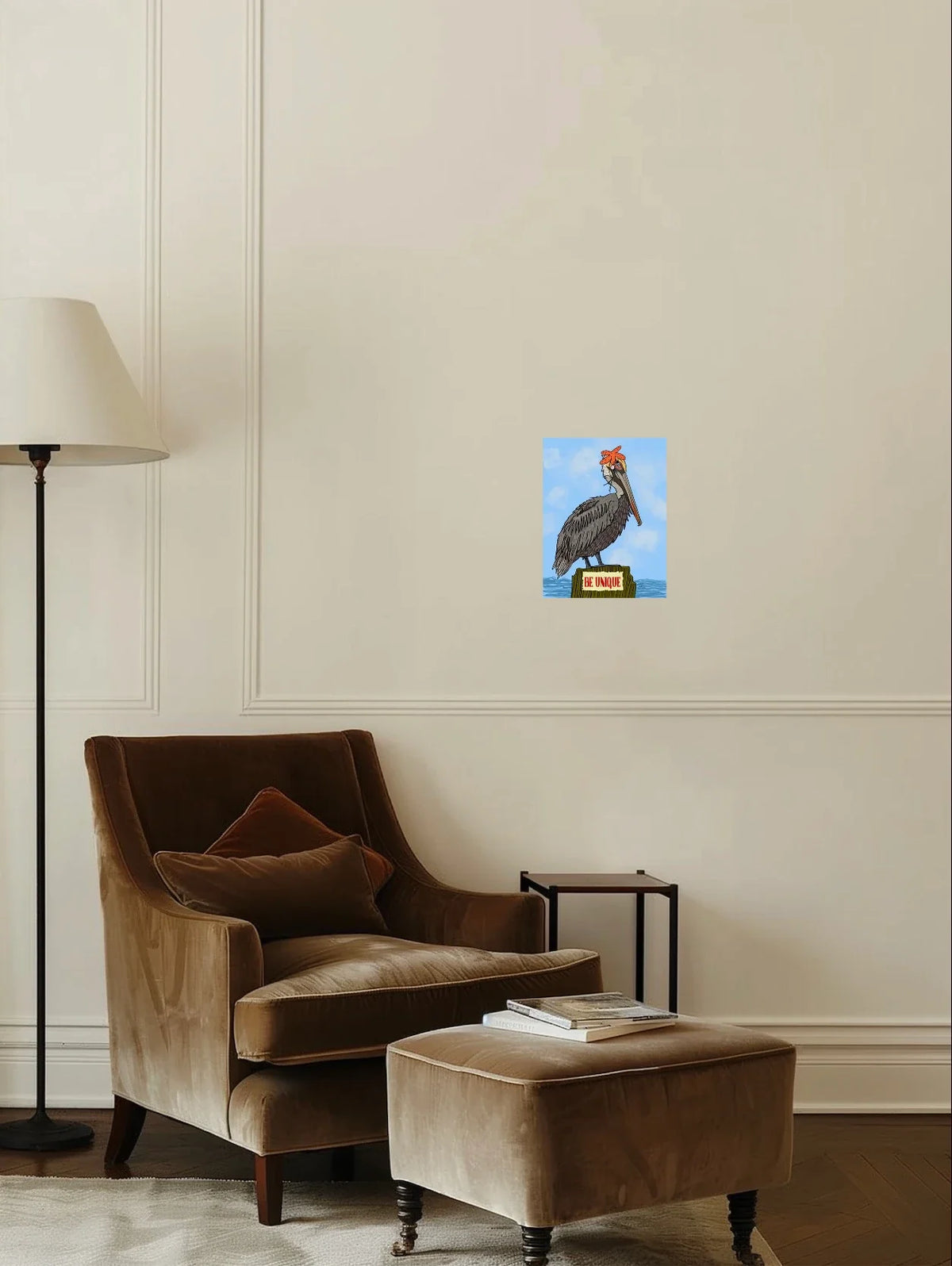 Phyllis the Pelican - medium 12 x 16 unframed art print shown hanging on a wall