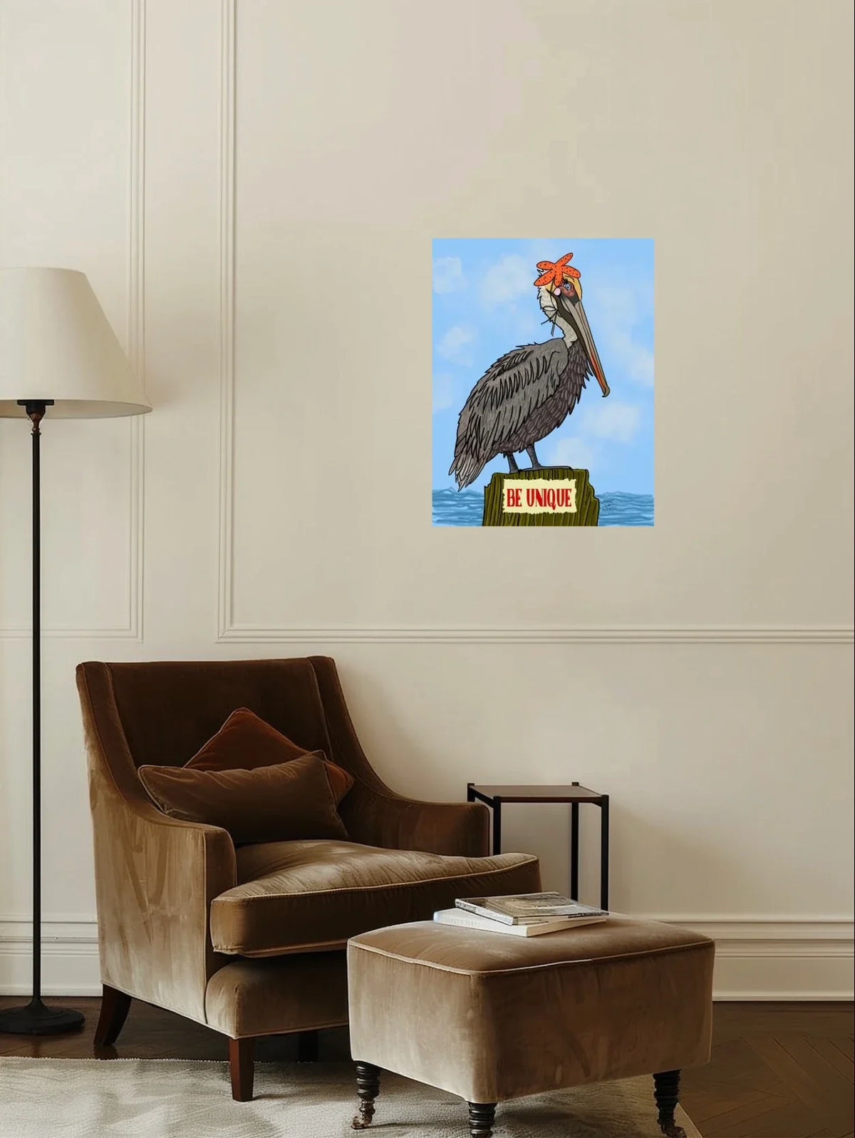 Phyllis the Pelican - large 24 x 36 unframed art print shown hanging on a wall