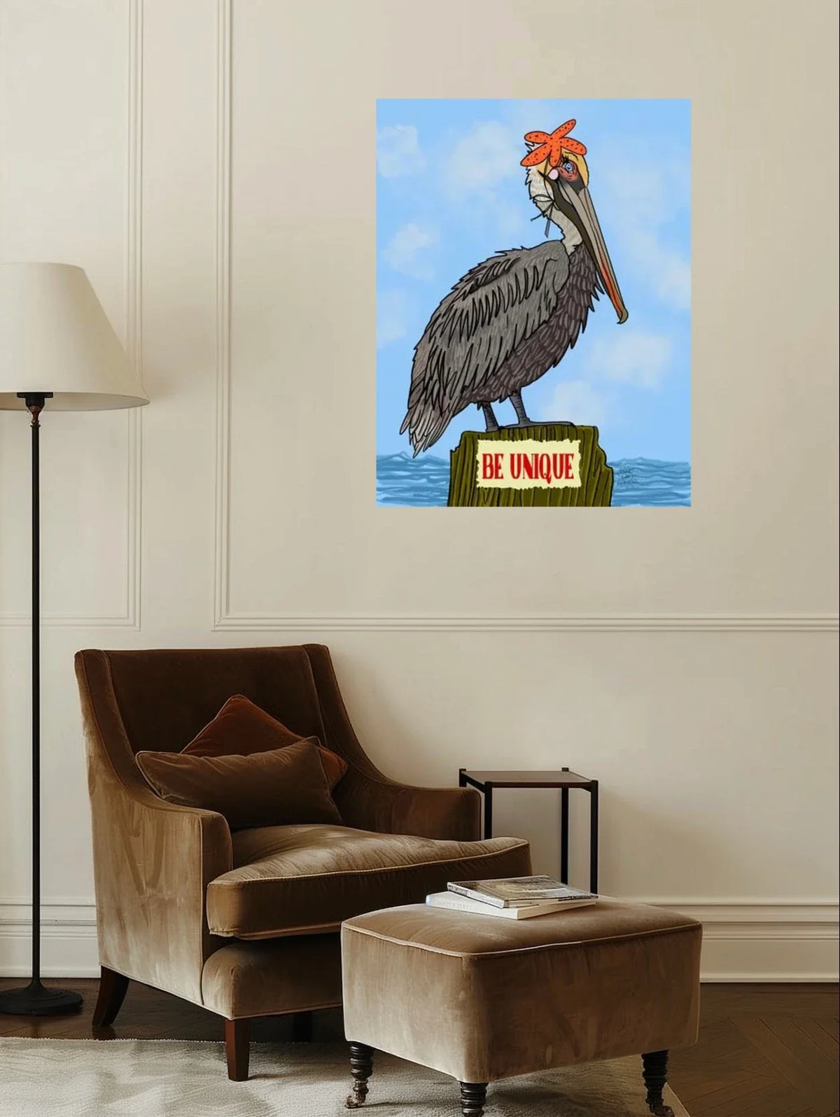 Phyllis the Pelican - extra large 36 x 48 unframed art print shown hanging on a wall