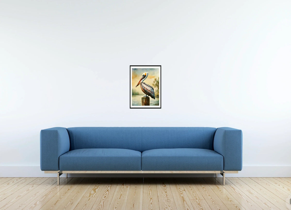 Pillar the Brown Pelican - medium 12 x 16 matted and framed art print shown hanging on a wall