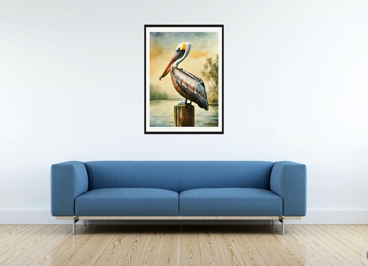 Pillar the Brown Pelican - large 24 x 36 matted and framed art print shown hanging on a wall