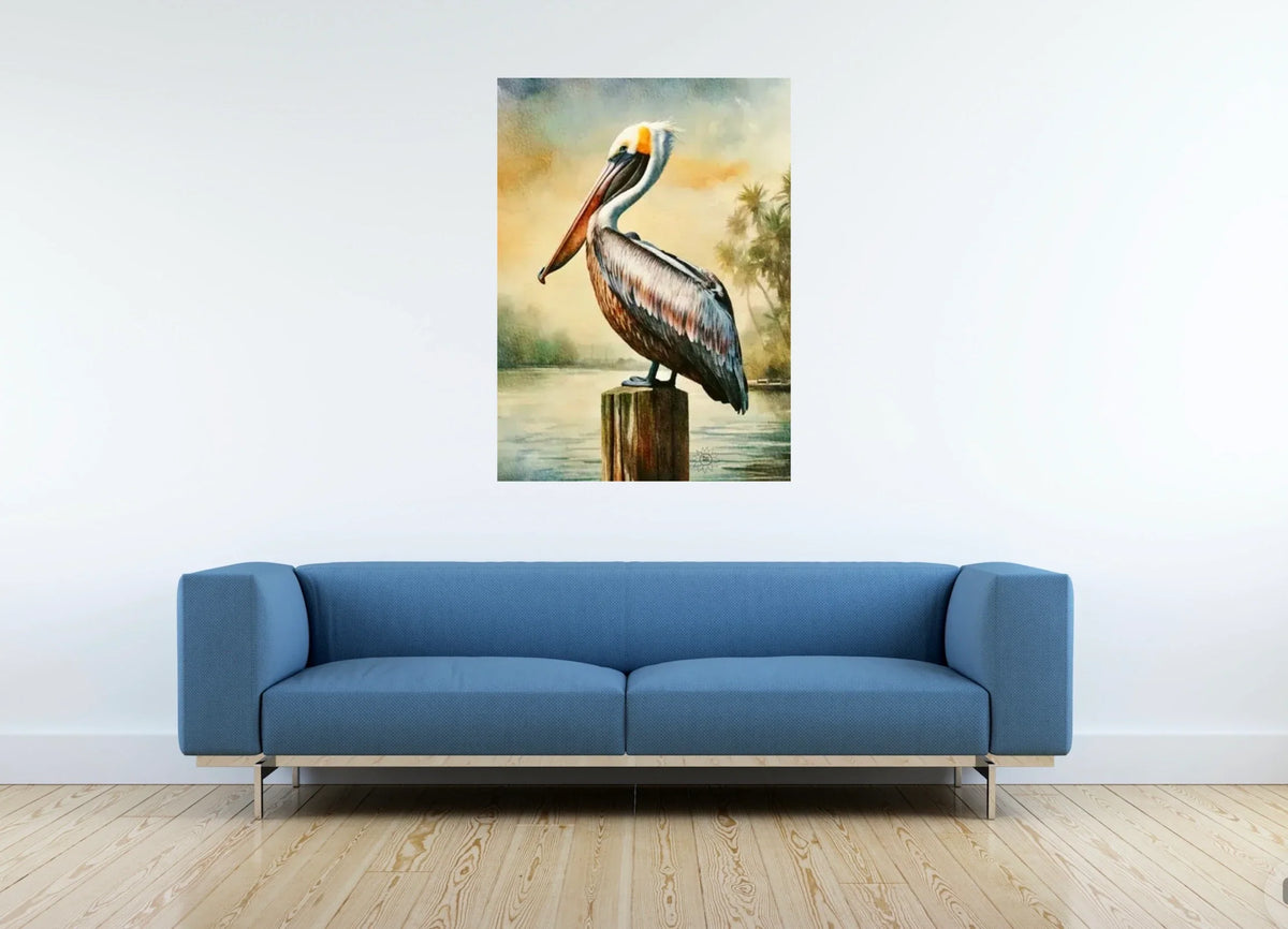 Pillar the Brown Pelican - extra large 36 x 48 unframed art print shown hanging on a wall