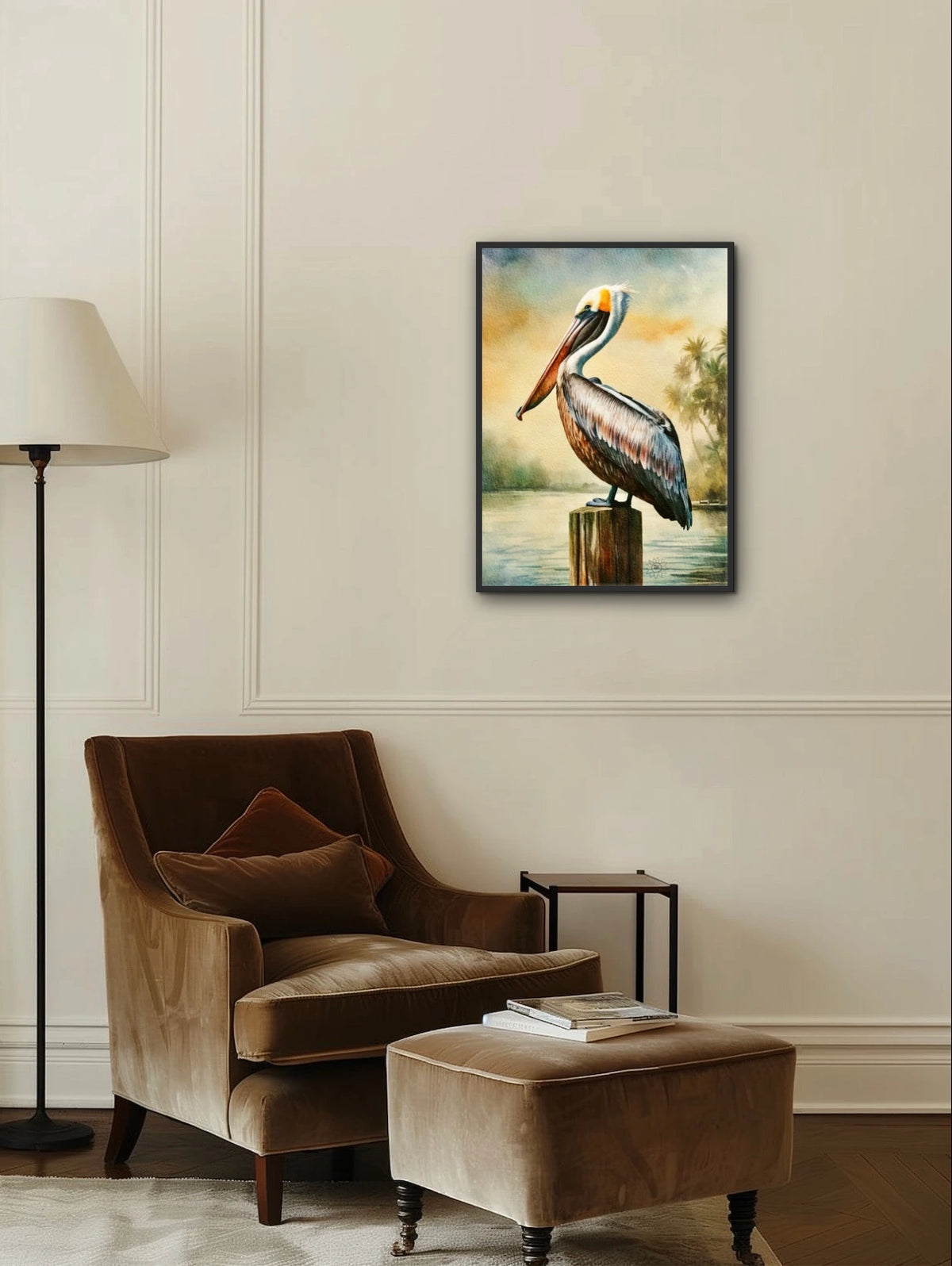 Pillar the Pelican - large 24 x 36 framed art print shown hanging on a wall