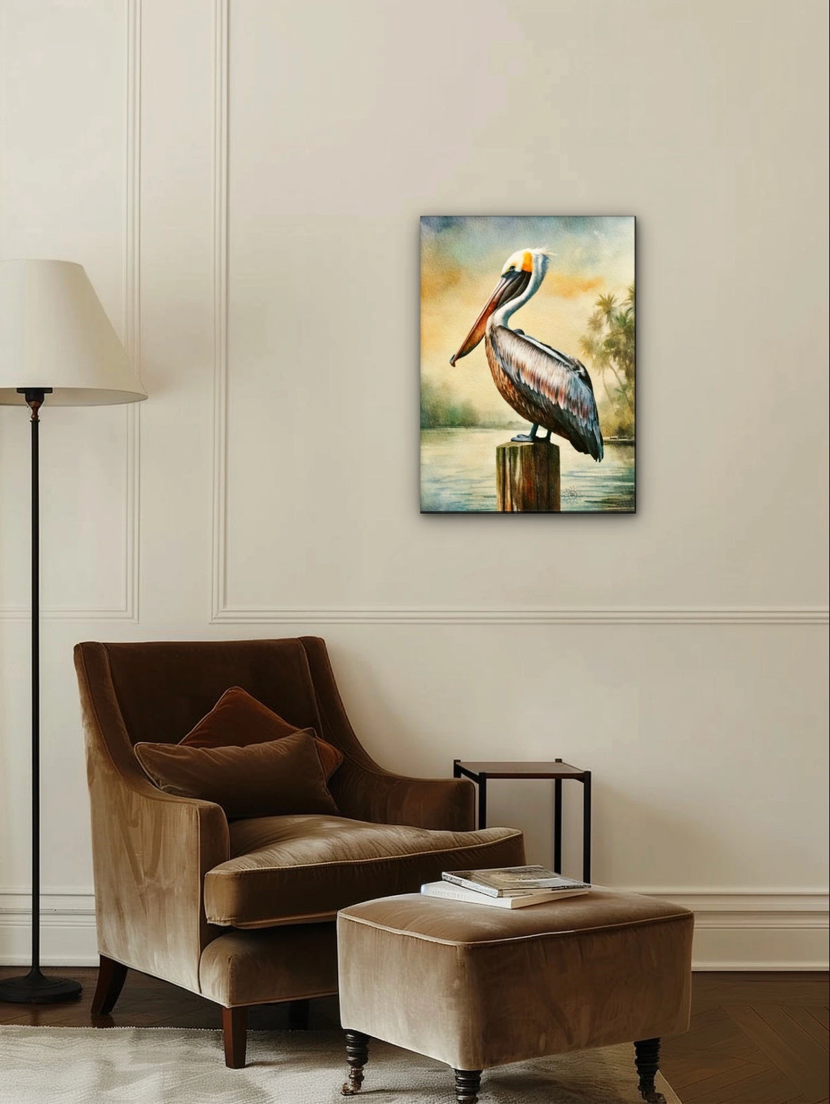 Pillar the Pelican - large 24 x 36 unframed art print shown hanging on a wall