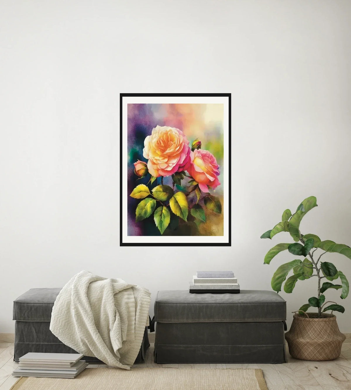 Pink Roses - large 24 x 36 matted and framed art print shown hanging on a wall
