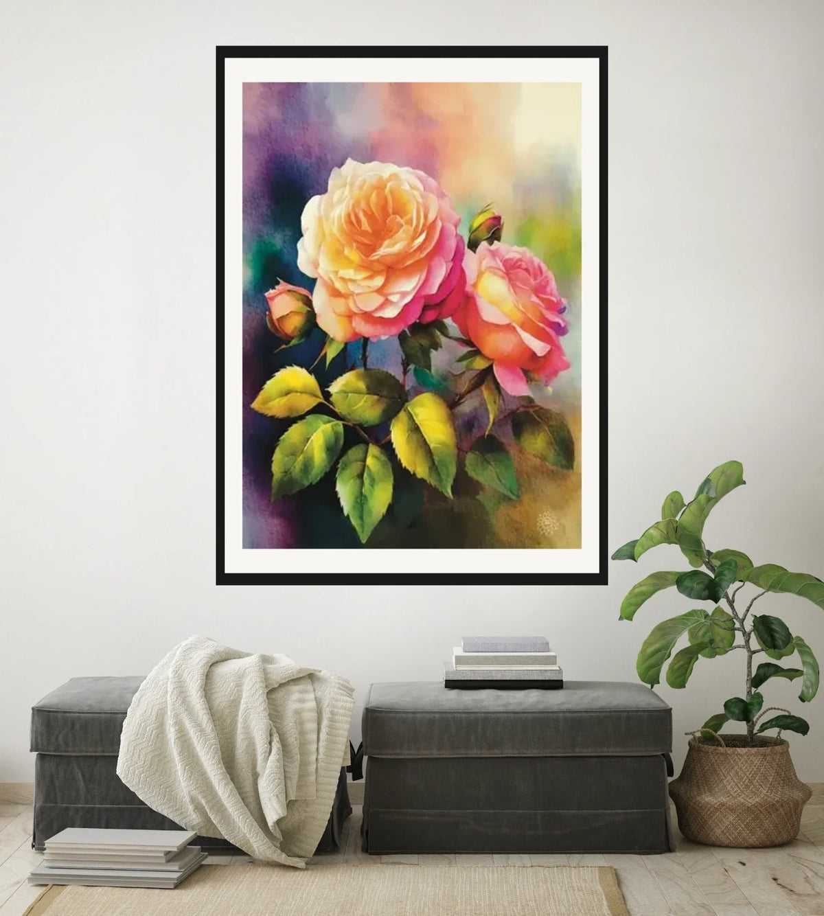 Pink Roses - extra large 36 x 48 matted and framed art print shown hanging on a wall