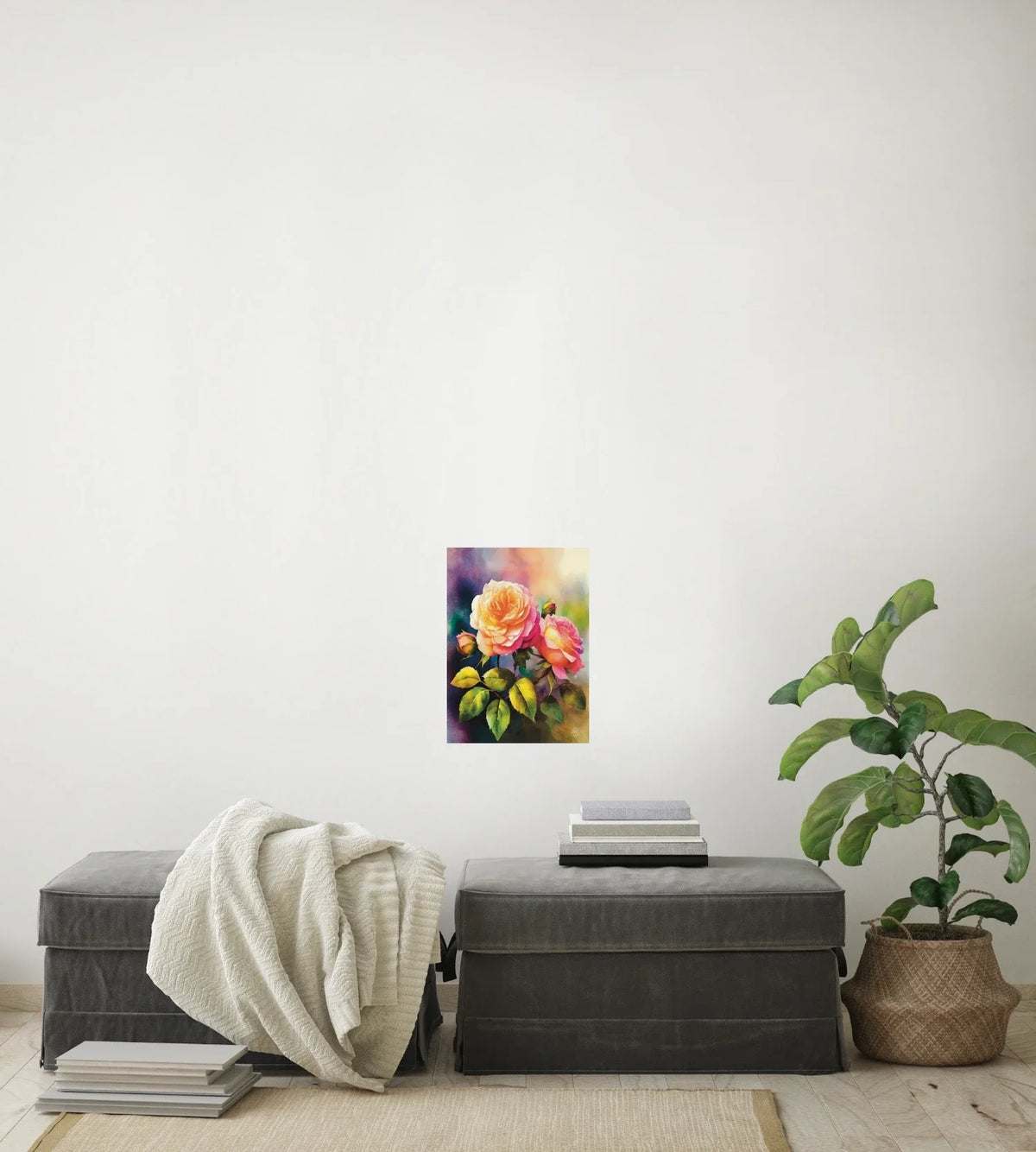 Pink Roses - medium 12 x 16 unframed art print shown hanging on a wall