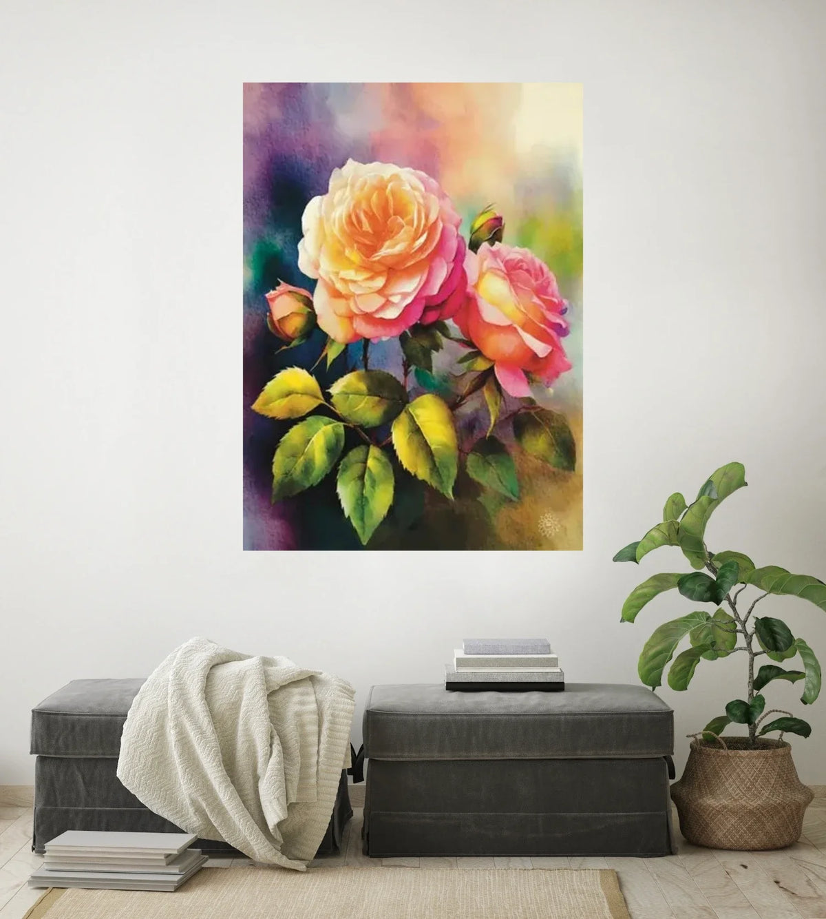 Pink Roses - extra large 36 x 48 unframed art print shown hanging on a wall